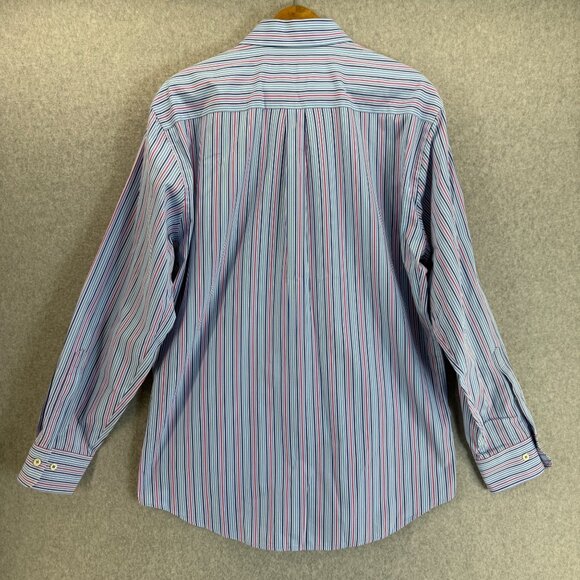 Peter Millar Mens Size Large Blue Pink Striped Button Front Shirt Collared LS - Picture 9 of 15